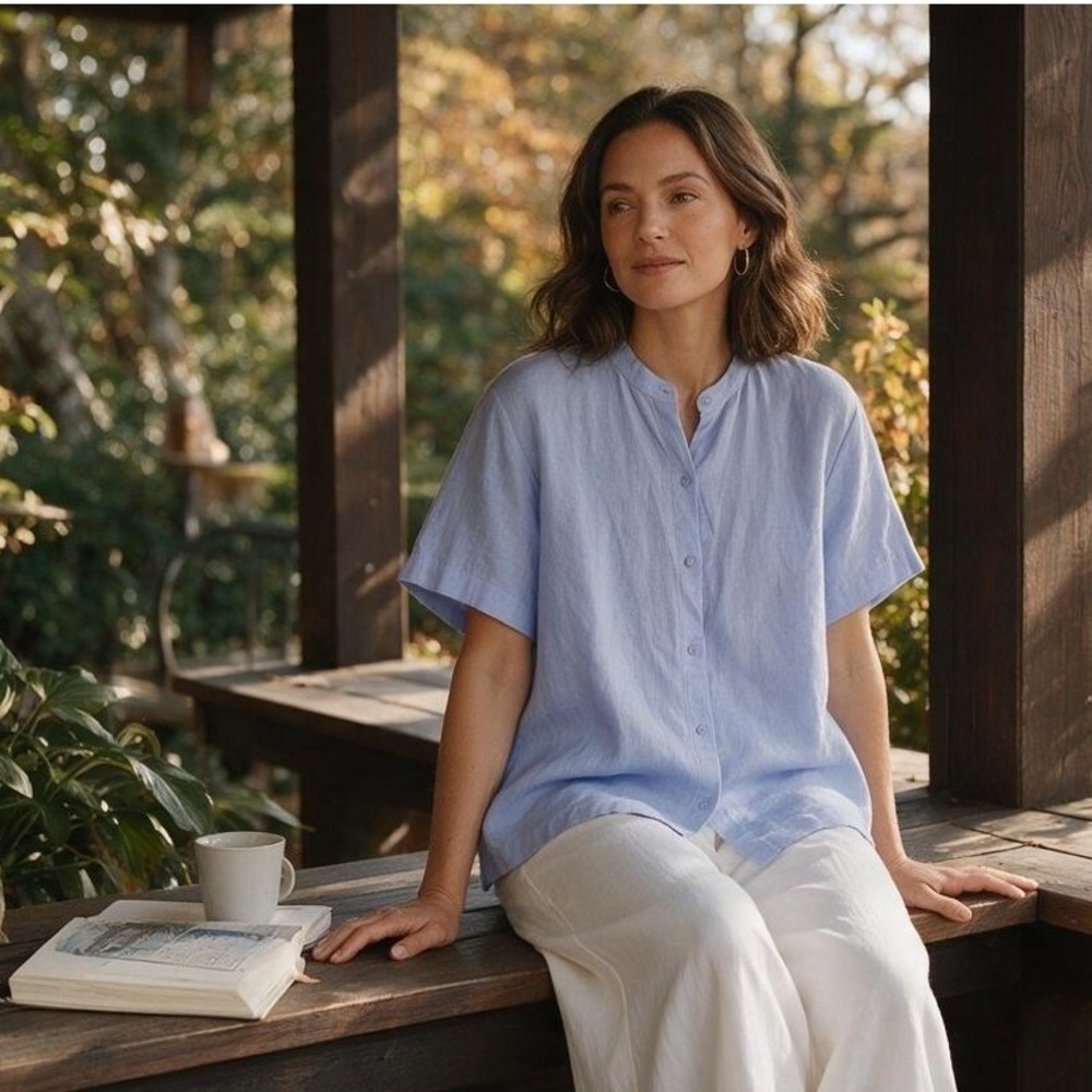 Eileen Fisher Linen Shirt Womens Medium Light Blue Short Sleeve Button Front